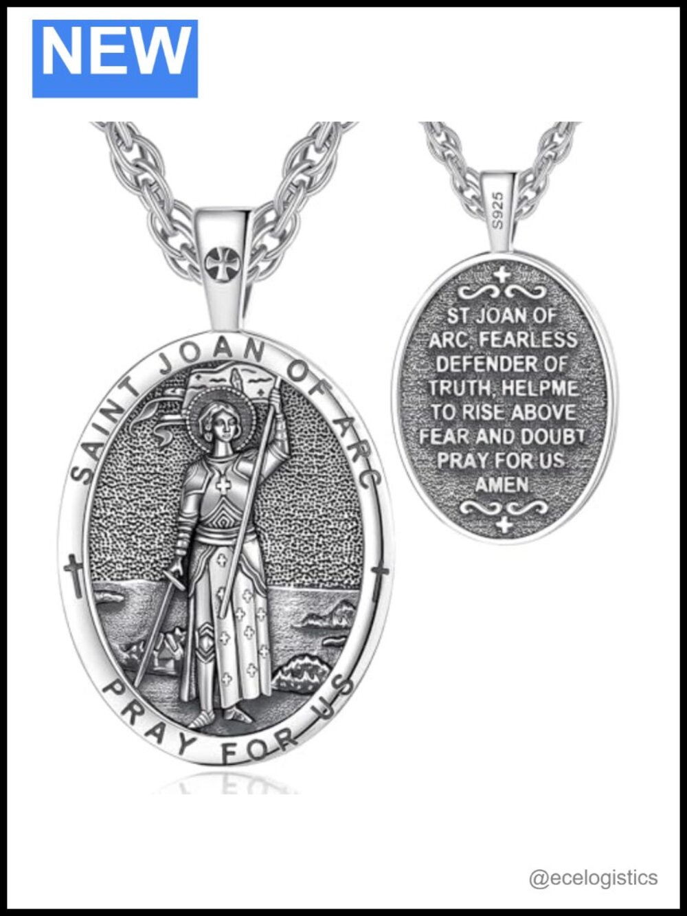 S925 Sterling Silver St Joan of Arc Pendant Necklace 22in Unisex